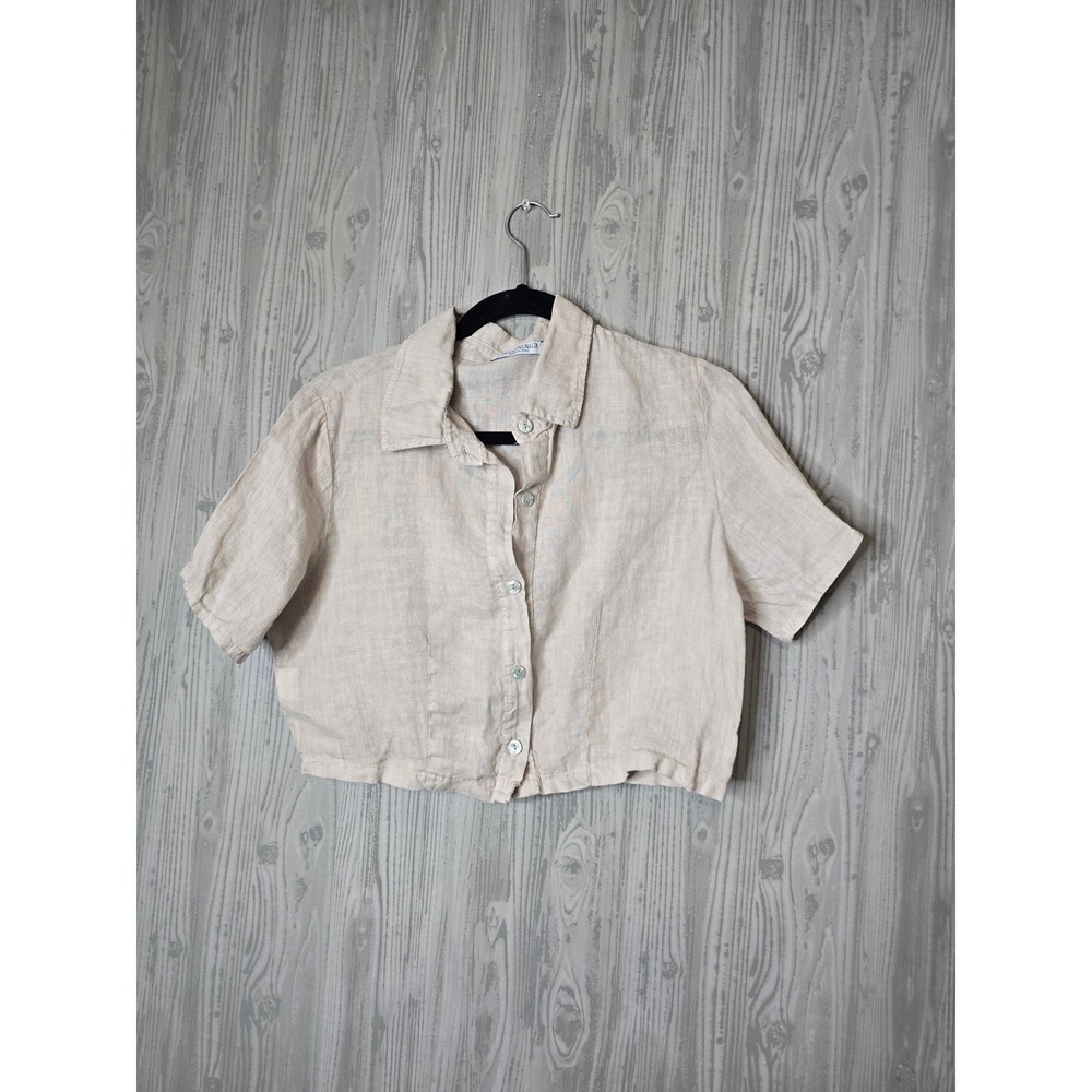 Valentina Naldi 100% Linen Shirt Women S Made Italy Beige Cropped Boxy Button Up